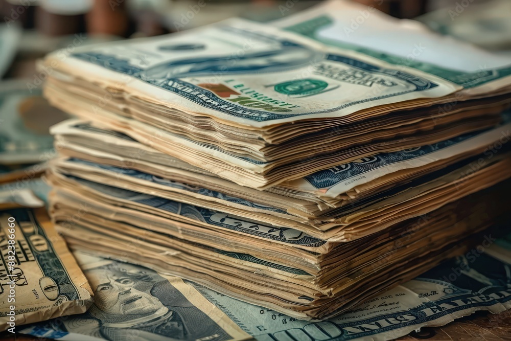 A close-up of a stack of worn dollar bills, revealing the intricate details of the paper currency and the passage of time.
