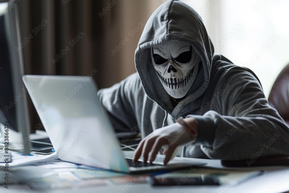 A hooded figure wearing a skull mask sits hunched over a laptop, their fingers tapping furiously on the keyboard, in a dimly lit room. A hooded figure wearing a skull mask sits hunched over a laptop, their fingers tapping furiously on the keyboard, in a dimly lit room.