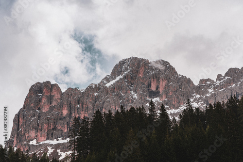 Panoramic view of the Rosengarten group mountain massif in the Dolomites in South Tyrol, Italy.