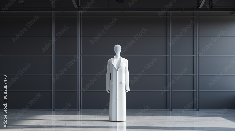 Fototapeta premium A stand-in mannequin dressed in avant-garde fashion in an empty industrial warehouse