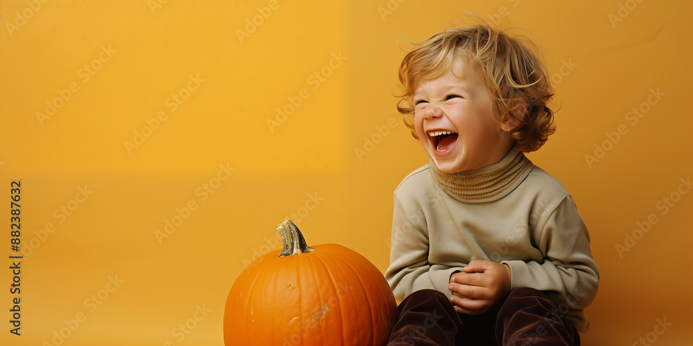 Fototapeta premium Happy Thanksgiving day traditional backdrop. Kid with pumpkin. Celebrating autumn holidays.