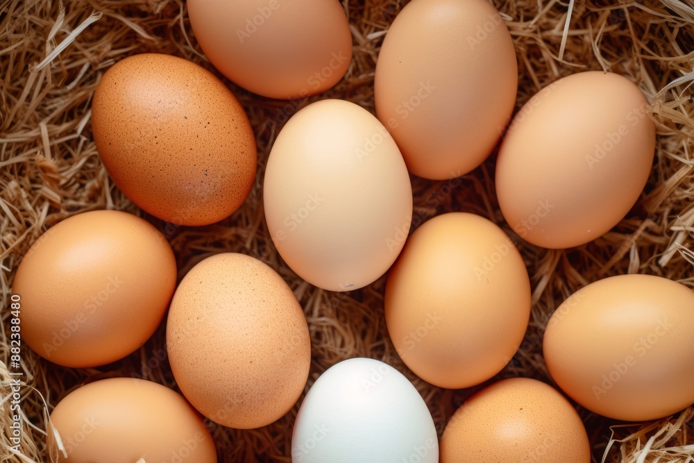 Organic chicken eggs are displayed in a bed of straw, showcasing a variety of shades from brown to light cream. The top view highlights the natural texture and color differences among the eggs Organic chicken eggs are displayed in a bed of straw, showcasing a variety of shades from brown to light cream. The top view highlights the natural texture and color differences among the eggs
