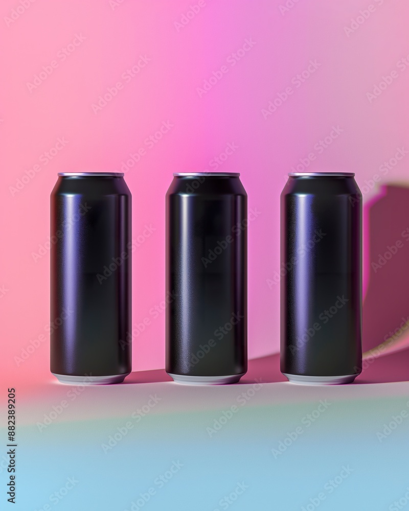 Three black cans of energy drinks against a pastel background in a studio photo. Black aluminum cans for commercial advertising. Three black cans of energy drinks against a pastel background in a studio photo. Black aluminum cans for commercial advertising.