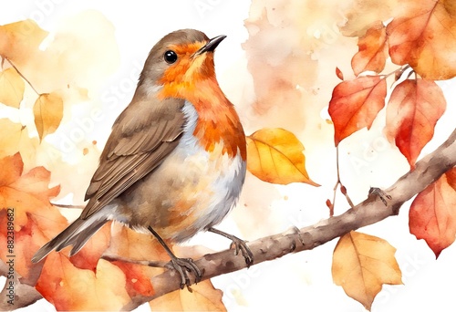 white illustration background red leaves sitting olated yellow bird cute watercolor feather symbol print autumn fall colours winter tree nature bright branch robin design paint treebranch plumage