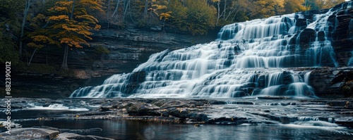 Scenic Waterfall in Autumn Forest. A breathtaking view of a cascading waterfall surrounded by vibrant autumn foliage and rocky terrain, capturing the serene beauty of nature.