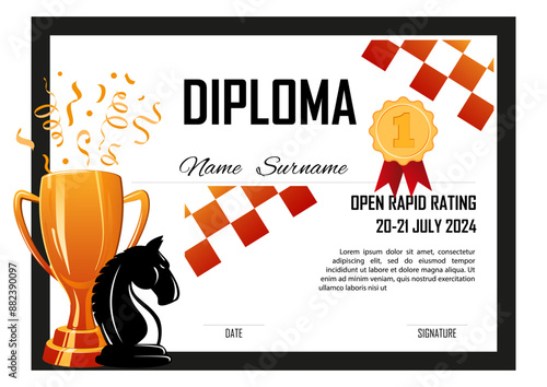 Certificate Diploma Template to Chess Tournament Winner. The figure of the Knight chess piece and Trophy Cup with elements of chessboard. Chess Participation certificate. Vector Illustration.