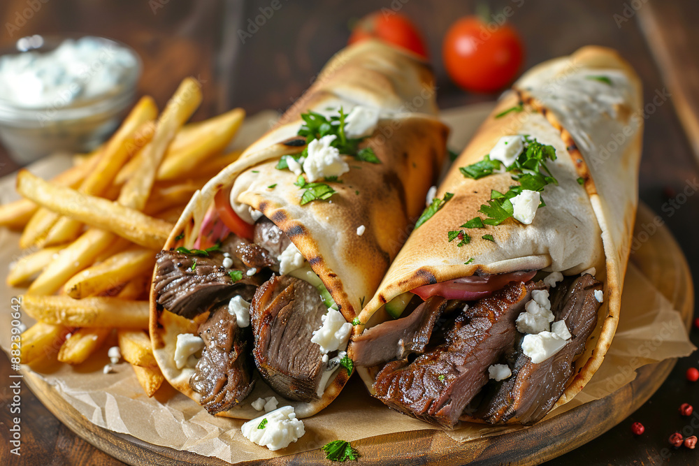 two greek gyros with shaved lamb and french fries two greek gyros with shaved lamb and french fries