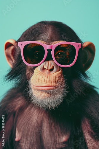 Monkey wearing pink sunglasses sits on green surface with light blue background. Monkey has white face and gray beard. Perfect for eco-friendly or tech-themed projects.