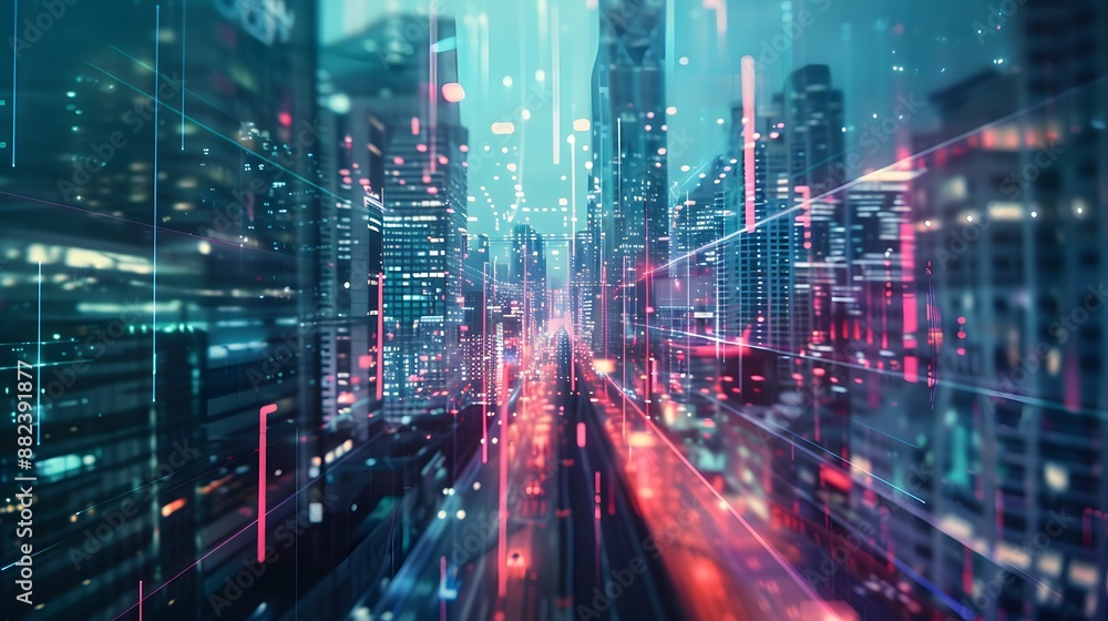 Data theme hologram drawing on city view with skyscrapers background multi exposure. Ai concept. Data theme hologram drawing on city view with skyscrapers background multi exposure. Ai concept.