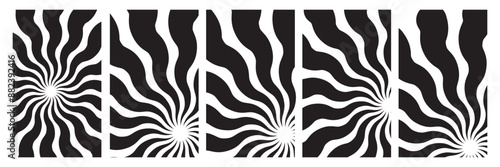 Sun groovy square design elements set. Various yellow floral hippie poster templates, hand drawn abstract wavy patterns in modern retro Matisse style. Vector illustration on transparent background