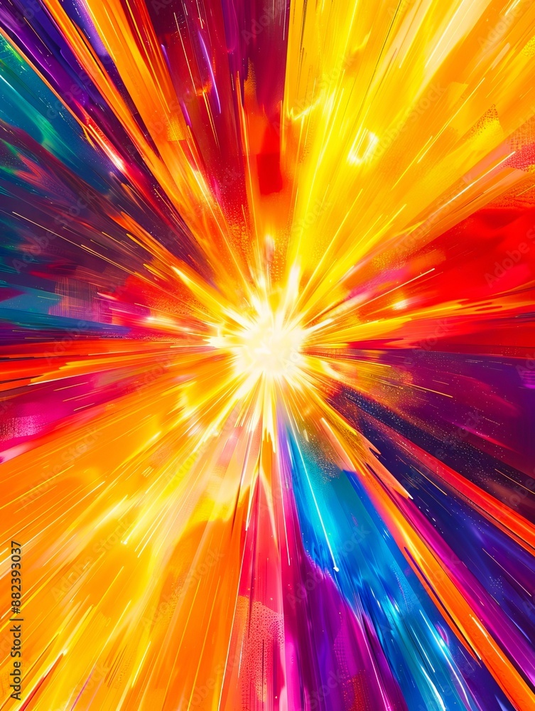 Obraz premium A colorful abstract painting with a bright burst of light.