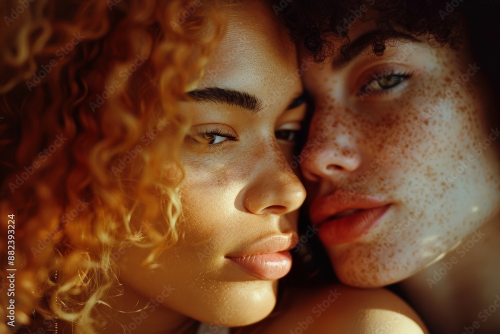 Close-up of two faces with contrasting features in warm, intimate lighting. Close-up of two faces with contrasting features in warm, intimate lighting.