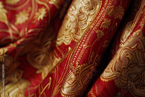 Luxurious red and gold fabric with intricate embroidery, likely a traditional garment.
