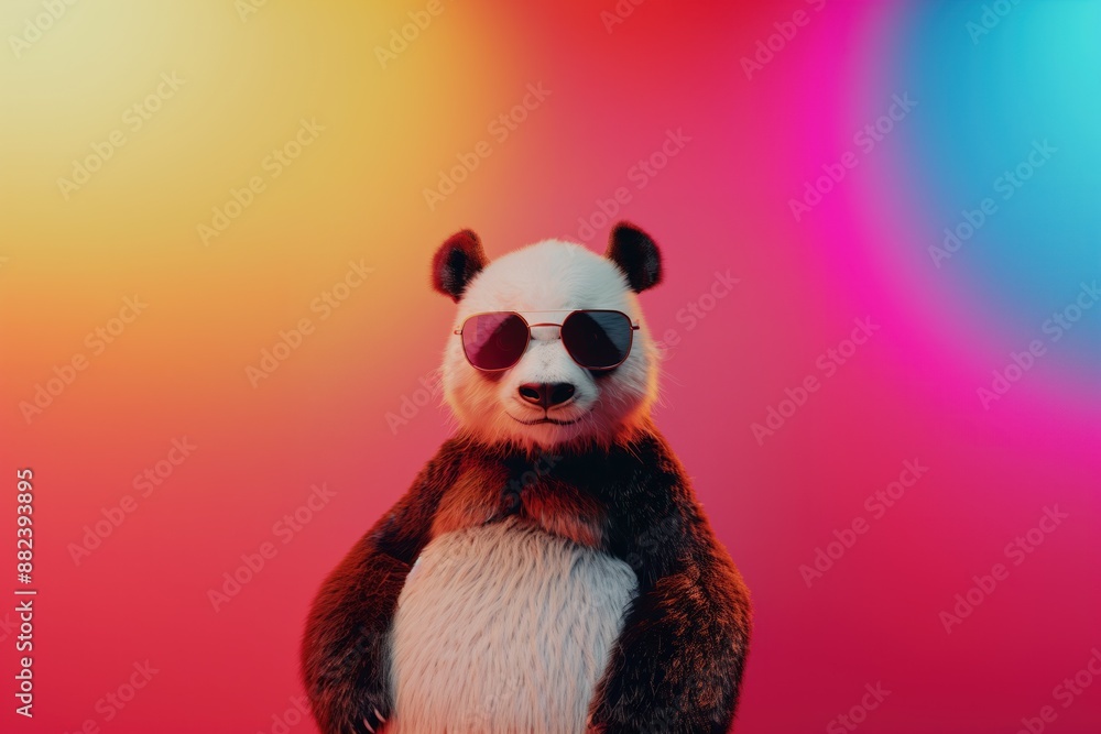 Panda bear stands confidently on hind legs wearing sunglasses and a vibrant red blue patterned shirt. Panda black and white contrasts with colorful background featuring pink, blue, and yellow. Panda bear stands confidently on hind legs wearing sunglasses and a vibrant red blue patterned shirt. Panda black and white contrasts with colorful background featuring pink, blue, and yellow.