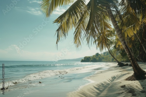 Fototapeta Naklejka Na Ścianę i Meble -  Idyllic tropical beach with palm trees and turquoise waters under a clear sky.