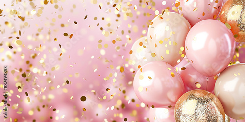 A banner background perfect for a birthday celebration features a delightful combination of pastel pink and gold confetti and balloons