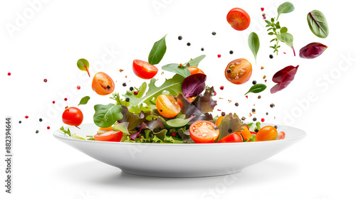 Flying salad ingredients isolated on white background.