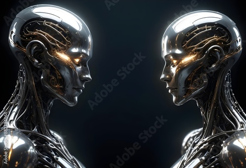 Two futuristic humanoid figures profile portrait with intricate metallic and organic features facing each other, set against a dark background with glowing elements, both sides