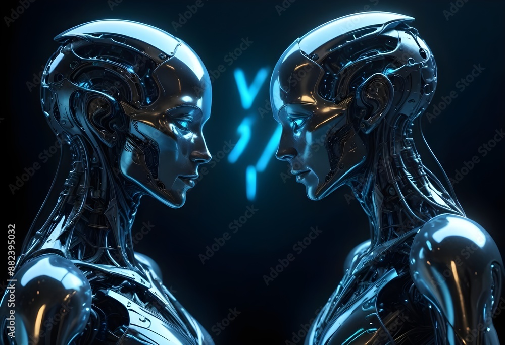 Two futuristic humanoid figures profile portrait with intricate metallic and organic features facing each other, set against a dark background with glowing elements, both sides Two futuristic humanoid figures profile portrait with intricate metallic and organic features facing each other, set against a dark background with glowing elements, both sides