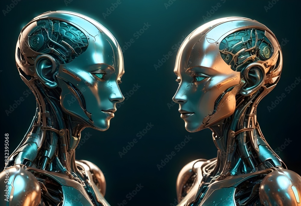 Two futuristic humanoid figures profile portrait with intricate metallic and organic features facing each other, set against a dark background with glowing elements, both sides Two futuristic humanoid figures profile portrait with intricate metallic and organic features facing each other, set against a dark background with glowing elements, both sides