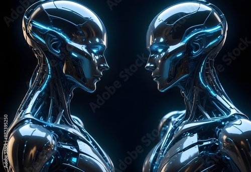 Two futuristic humanoid figures profile portrait with intricate metallic and organic features facing each other, set against a dark background with glowing elements, both sides