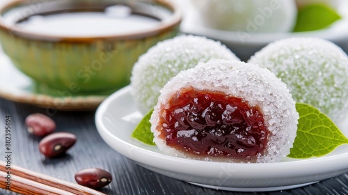 Wallpaper Mural Close up of traditional Japanese mochi with red bean paste, served on a white plate with a cup of tea in the background. Torontodigital.ca