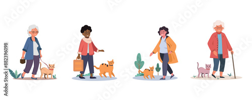 Women walking with a cat