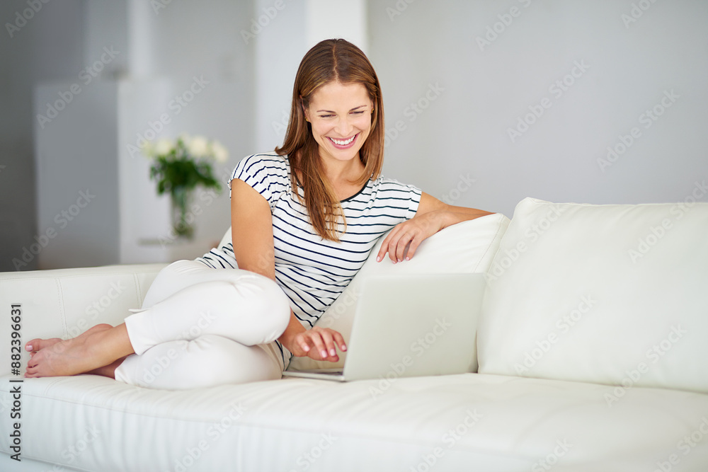 Woman, smile and laptop on couch for browsing with streaming film, watching online video and blog update in home. Happy lady, sofa and computer for social media, reading ebook and series subscription Woman, smile and laptop on couch for browsing with streaming film, watching online video and blog update in home. Happy lady, sofa and computer for social media, reading ebook and series subscription
