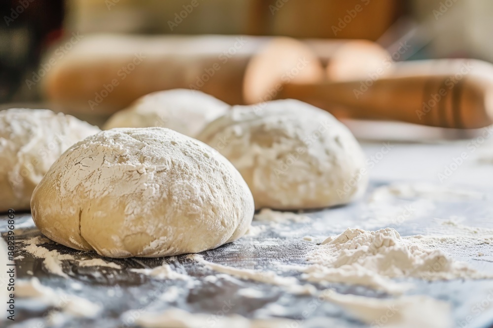 Raw Dough Balls with Flour on Table Raw Dough Balls with Flour on Table