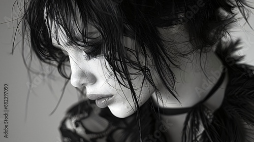 Portrait of a sad woman in black and white photography.