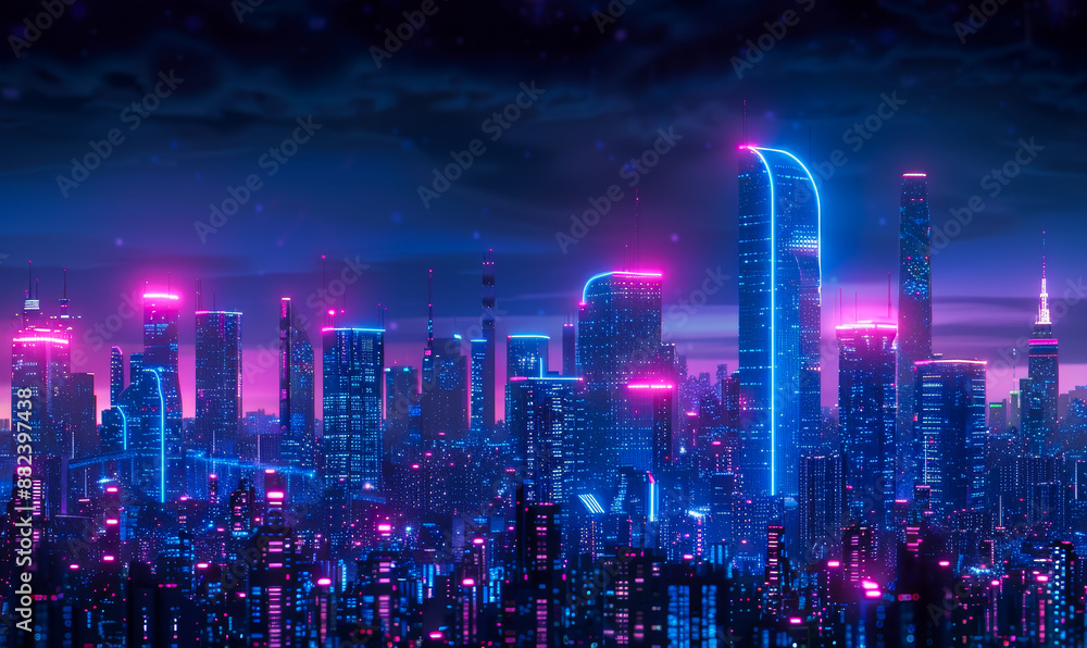 Fototapeta premium Futuristic Cityscape at Night with Blue and Pink Neon Lights, Advanced Skyscrapers in a Cyberpunk Setting, Vibrant and Luminous Urban Landscape Depicting a High-Tech Future