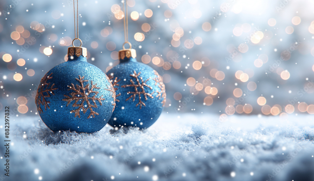 Fototapeta premium Blue Christmas Ornaments Resting in Snow
