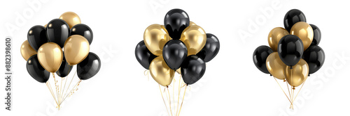 Set of gold and black party balloons isolated on transparent background