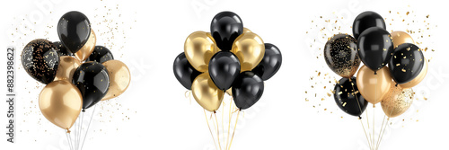 Set of gold and black party balloons isolated on transparent background