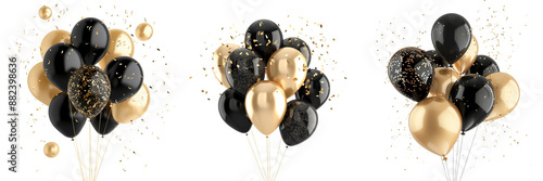 Set of black and gold party balloons isolated on transparent background