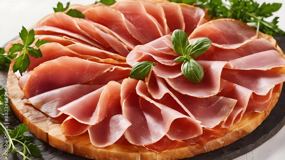 A delectable culinary arrangement of thinly sliced cured ham. Generative AI A delectable culinary arrangement of thinly sliced cured ham. Generative AI