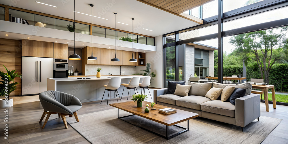 Bright kitchen with wooden accents and large windows Bright kitchen with wooden accents and large windows