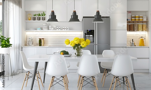 Modern Scandinavian kitchen with white cabinets, table and chairs in front of refrigerator with yellow flowers on the counter and pendant light above
