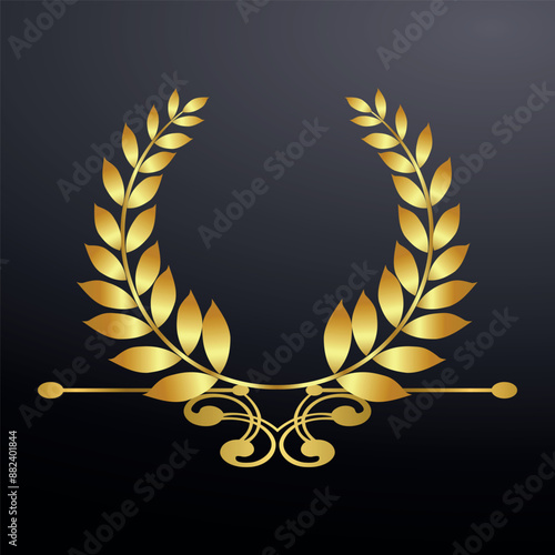 a golden laurel wreath with a ribbon. Vector on a grey background