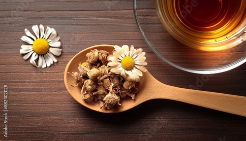 From above of dried daisy in spoon on dark wooden table near cup with herbal tea 