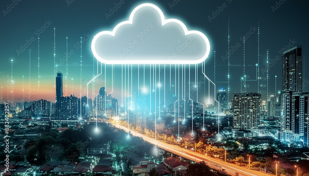 Generative AI image of cloud computing and digital data transfer with computing networked across cities country and globe with virtualization approach Generative AI image of cloud computing and digital data transfer with computing networked across cities country and globe with virtualization approach