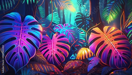 Generative AI illustration of neon Monstera deliciosa leaves growing in tropical forest for creative design elements