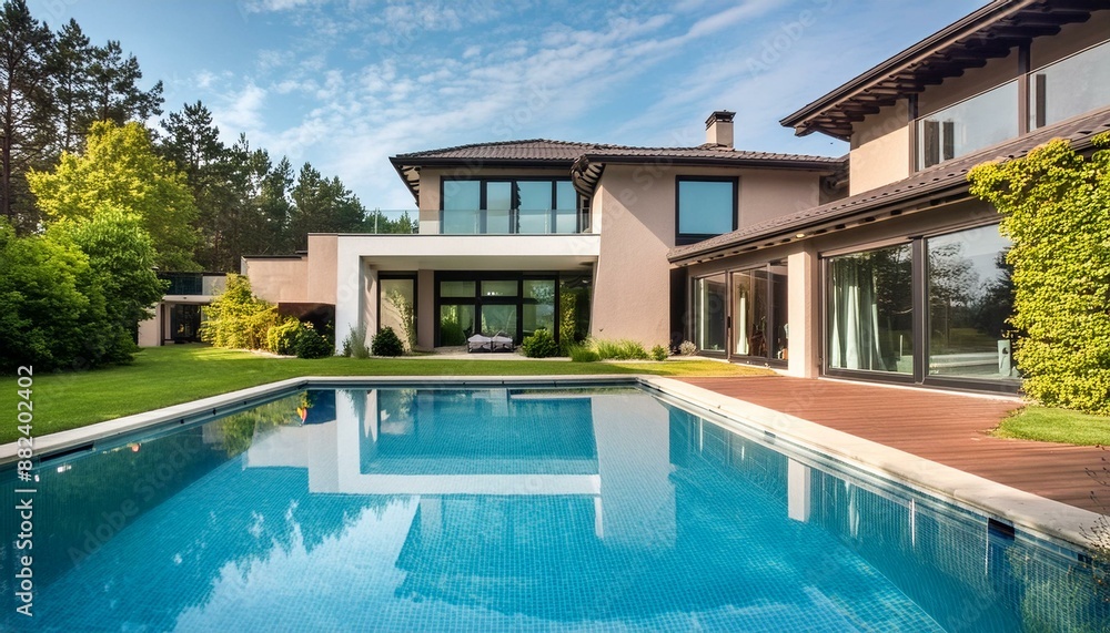Fototapeta premium Luxury modern home with backyard swimming pool 