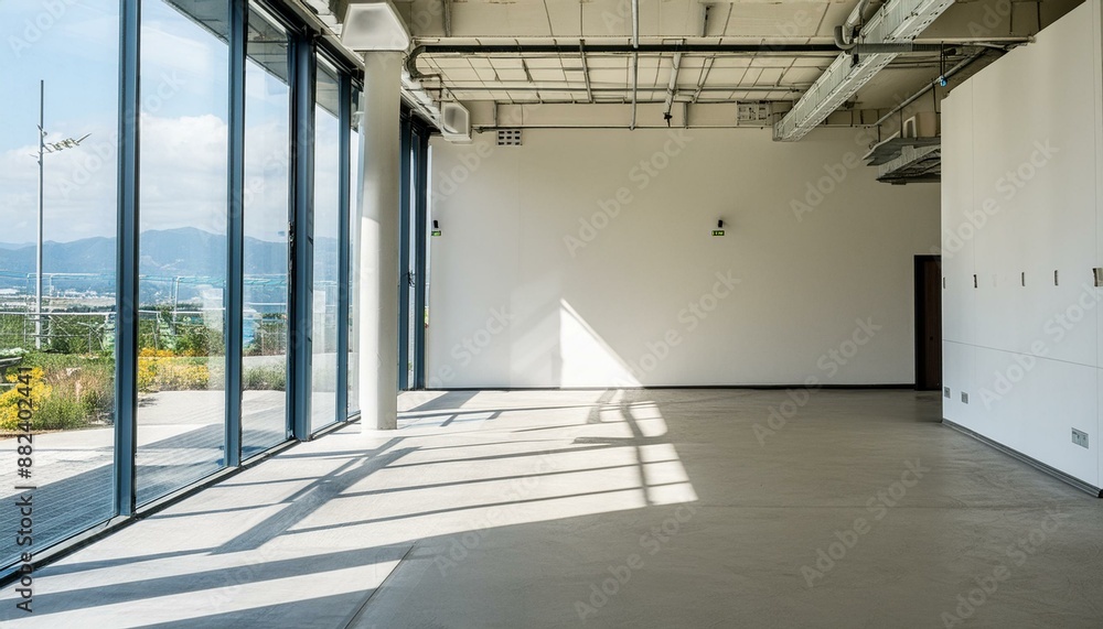 Obraz premium Modern vacant office space featuring a bright concrete floor and expansive panoramic window. 