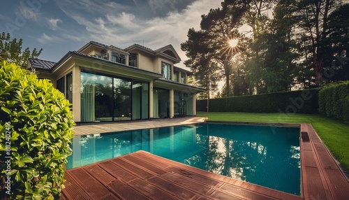 Luxury modern home with backyard swimming pool 