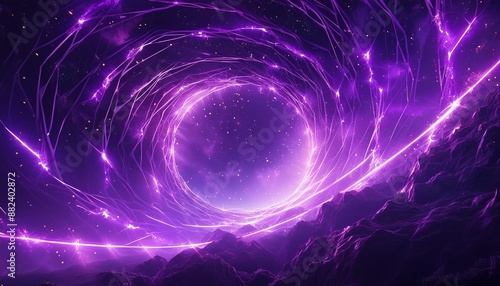 Wormhole portal on the cosmos space with purple lightning sparks 