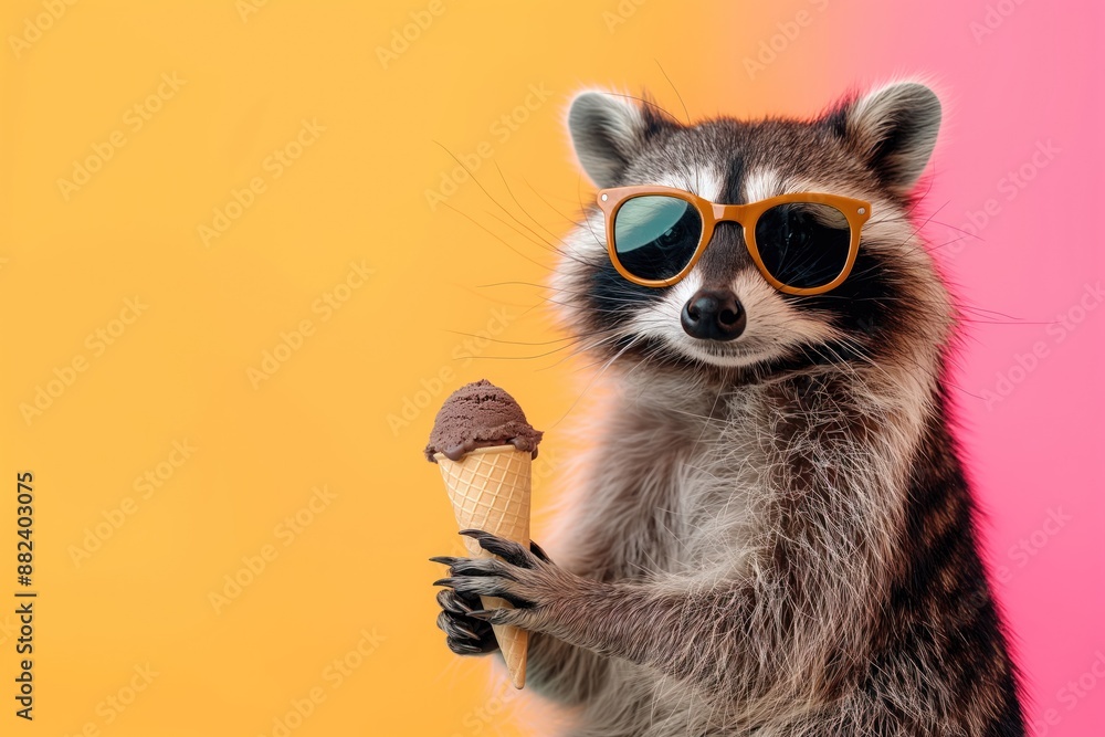 Raccoon wears sunglasses and holds ice cream cone on colorful background. Cute animal enjoys sweet treat in fun setting. Perfect image for summer vibes, kids party, or food advertisement. Raccoon wears sunglasses and holds ice cream cone on colorful background. Cute animal enjoys sweet treat in fun setting. Perfect image for summer vibes, kids party, or food advertisement.