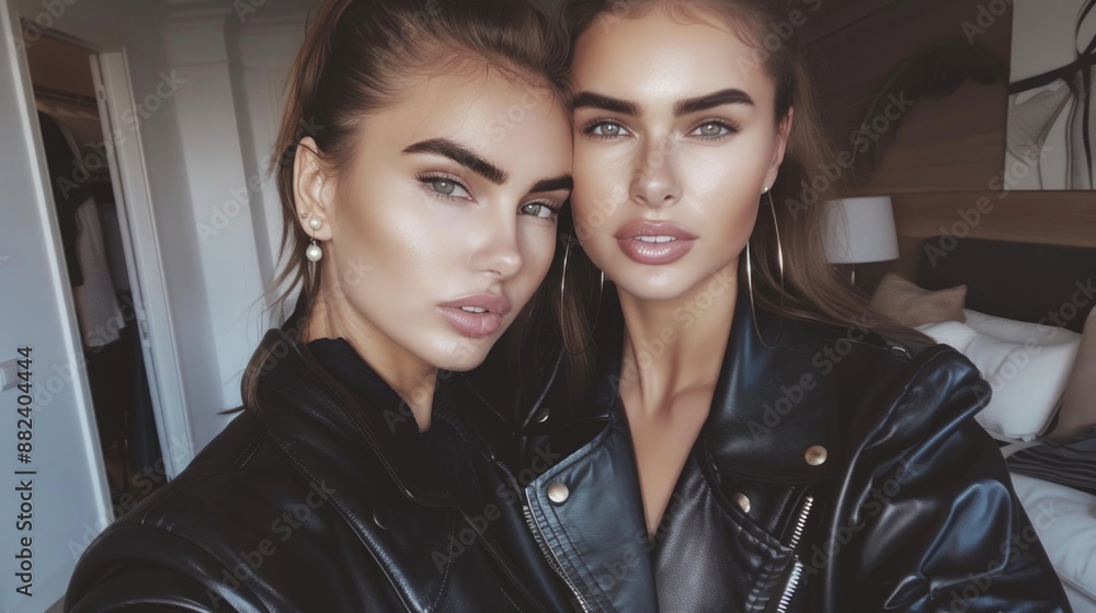 Glamorous Twin Sisters in Stylish Leather Jackets Glamorous Twin Sisters in Stylish Leather Jackets