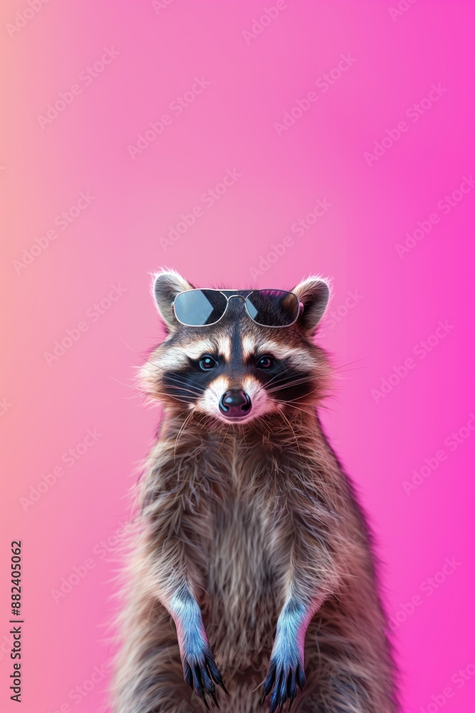 Raccoon wears sunglasses on colorful background. Cute animal stands upright with bandana, blue eyes. Fun, playful image of masked mammal in trendy outfit. Perfect for tech, eco, or lifestyle themes. Raccoon wears sunglasses on colorful background. Cute animal stands upright with bandana, blue eyes. Fun, playful image of masked mammal in trendy outfit. Perfect for tech, eco, or lifestyle themes.