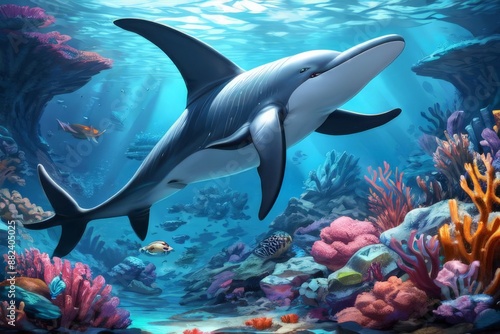 A Realistic 3D Journey into the Vibrant World of Dolphins and Marine Life, Featuring the Majestic Beauty of the Great Barrier Reef, Dolphins Gliding Gracefully Through Crystal Clear Waters, Coral Gard